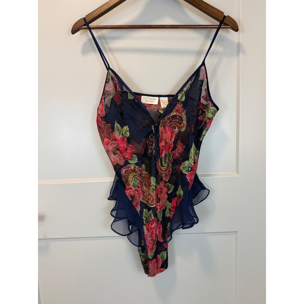 Victoria's Secret Gold Label Floral Ruffle Teddy Bodysuit Blue Sheer Size Small